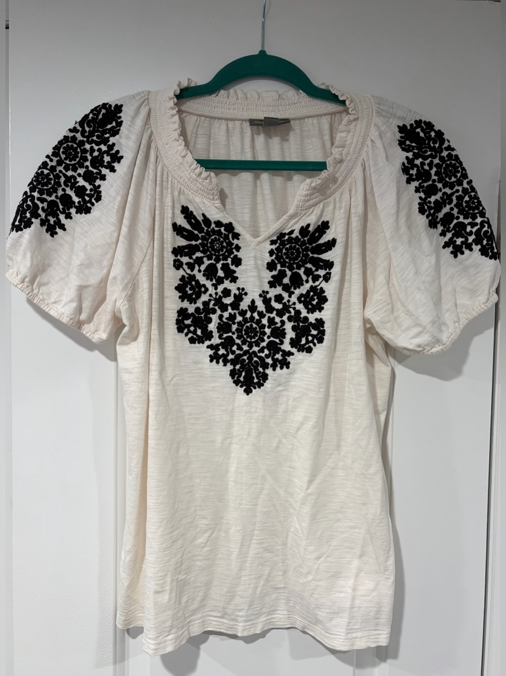 Women's Cream Embroidered Sleeve Top - Black Floral Detail